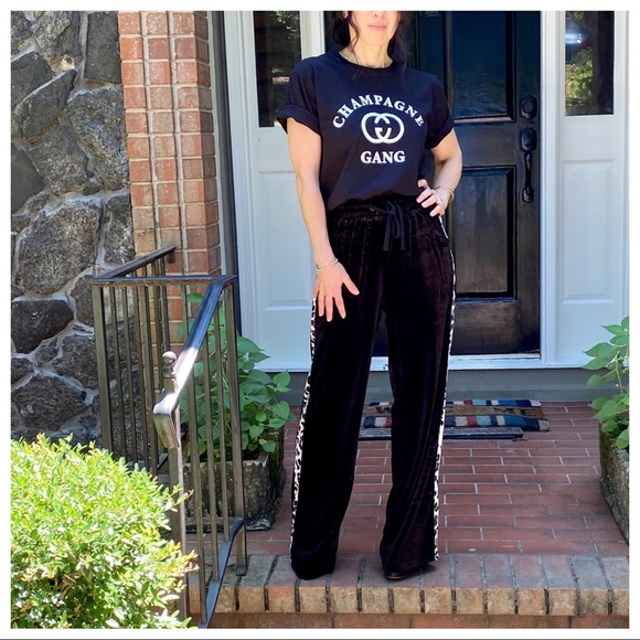 BLACK VELVET WIDE LEG PANTS W/LEOPARD SIDE TRIM - Picture 7 of 16